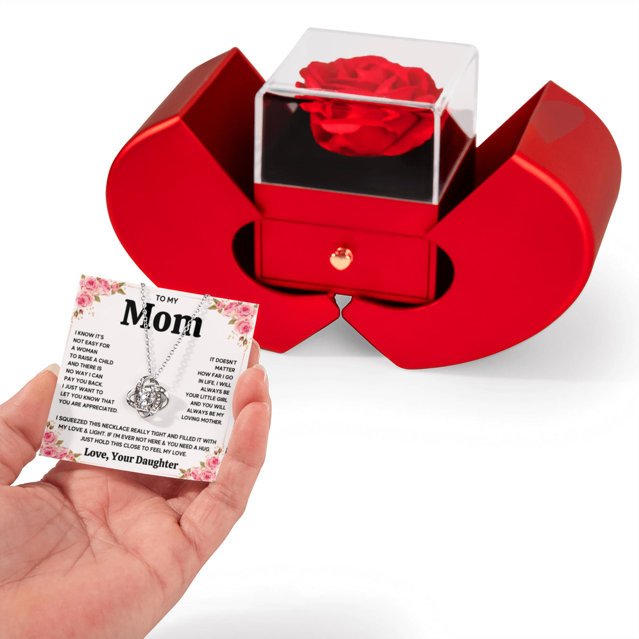 Love Knot Necklace with Red Heart Rose Box for Mom from Daughter - Mother's Day Gift