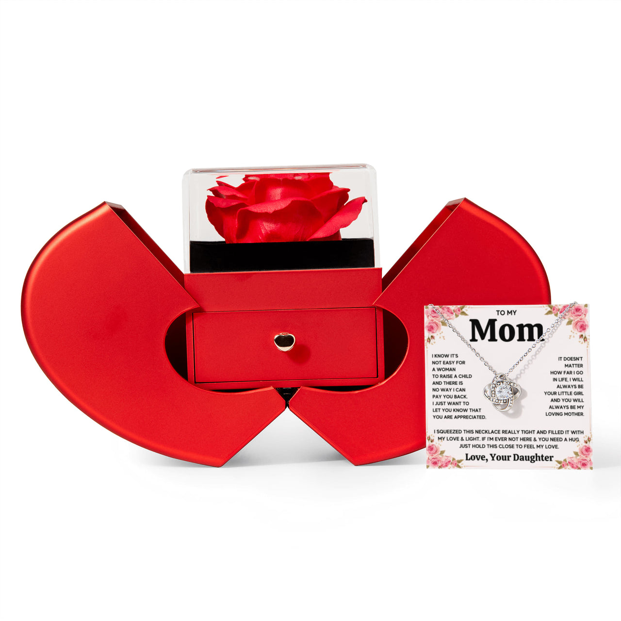 Love Knot Necklace with Red Heart Rose Box for Mom from Daughter - Mother's Day Gift
