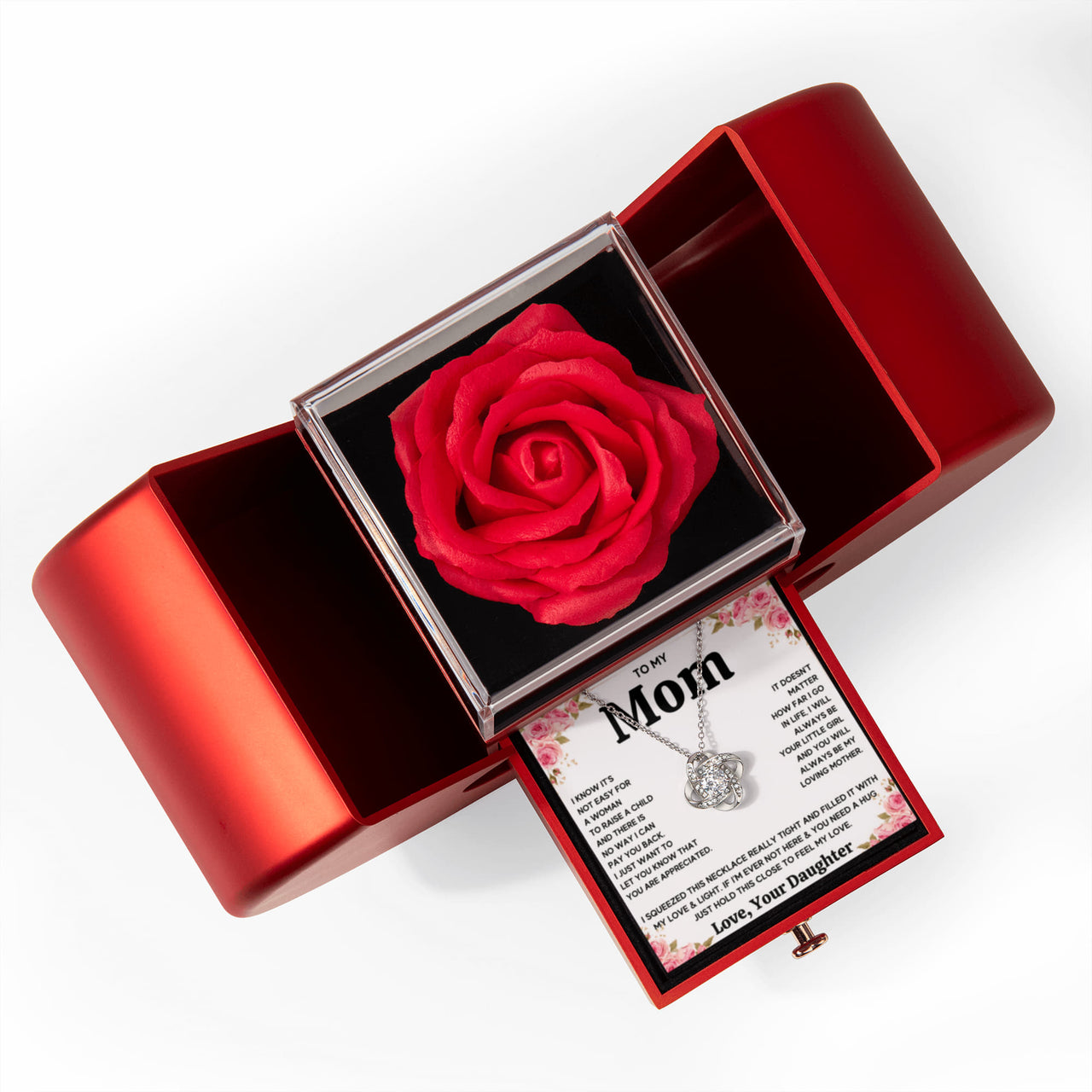 Love Knot Necklace with Red Heart Rose Box for Mom from Daughter - Mother's Day Gift