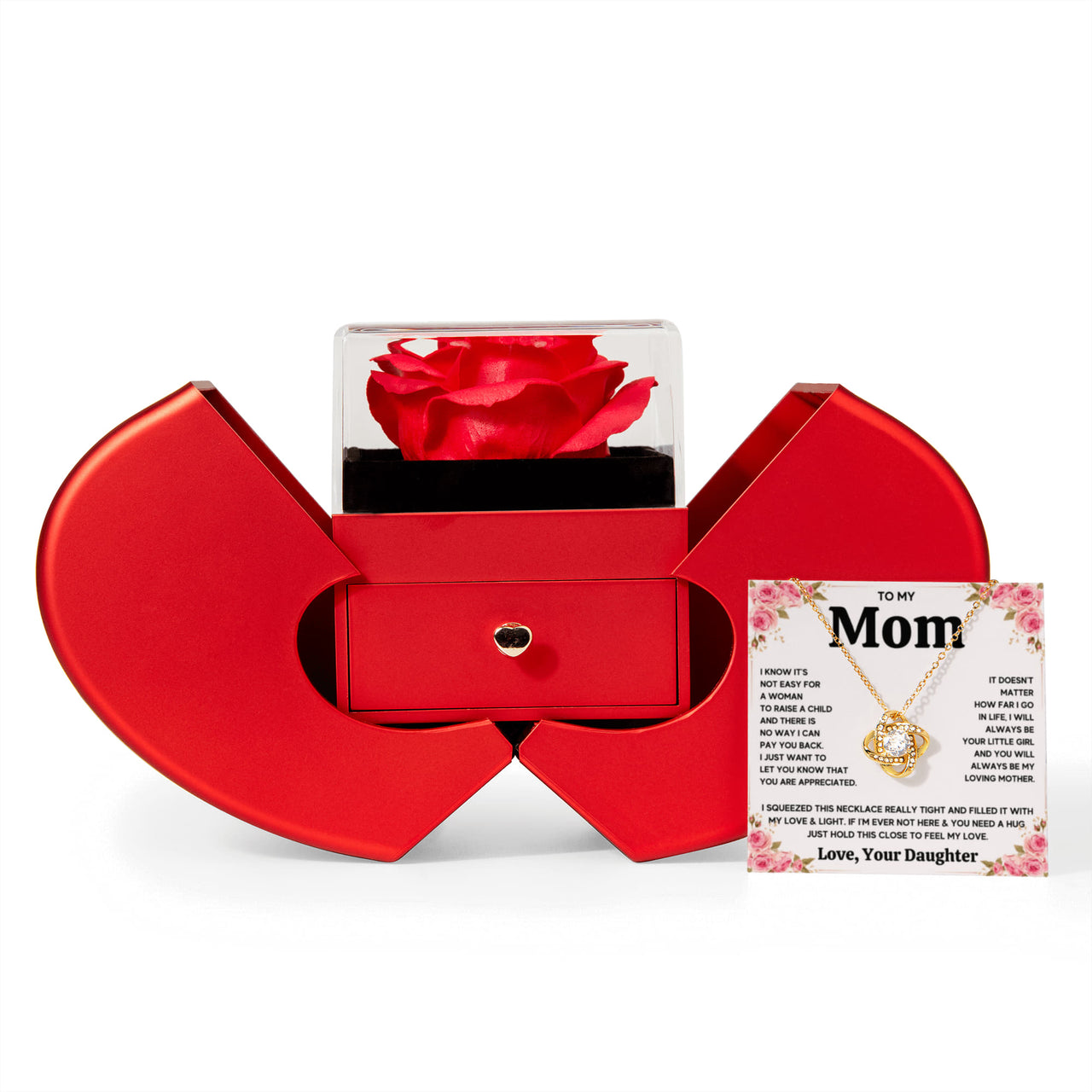 Love Knot Necklace with Red Heart Rose Box for Mom from Daughter - Mother's Day Gift