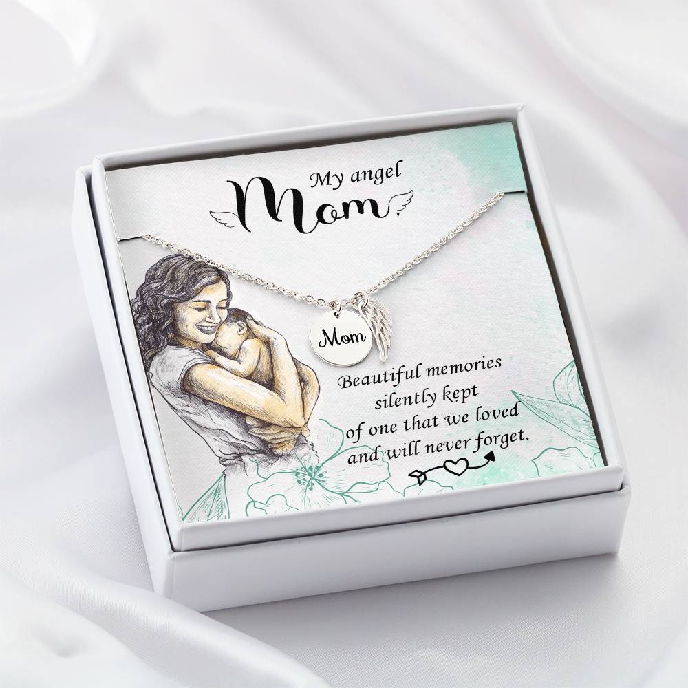 Memorial Necklace / Remembrance Necklace with Angel Wing - Mom, Beautiful Memories - Mother's Day Memorial Gift