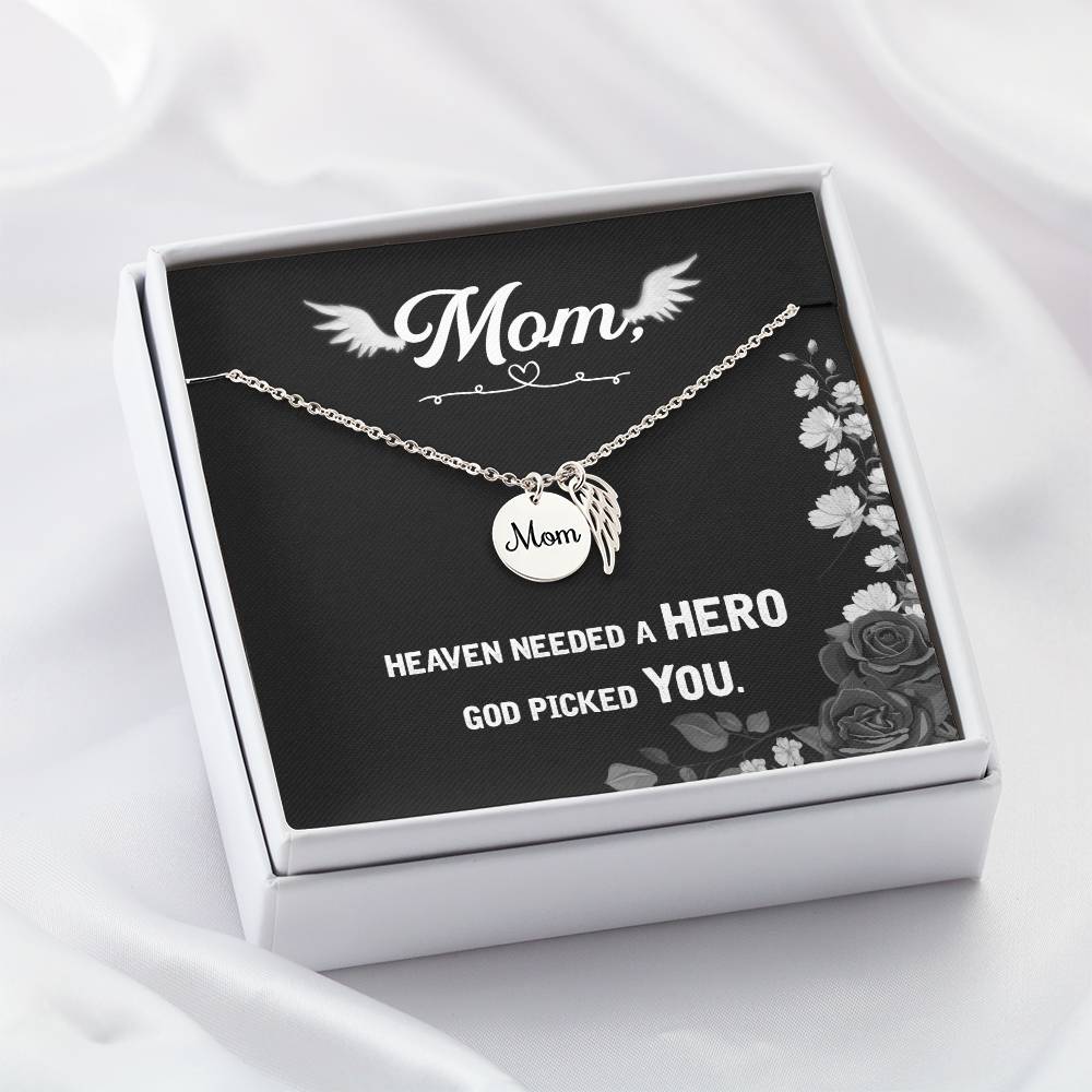 Memorial Necklace / Remembrance Necklace with Angel Wing - Mom, Heaven Needed a Hero - Mother's Day Memorial Gift