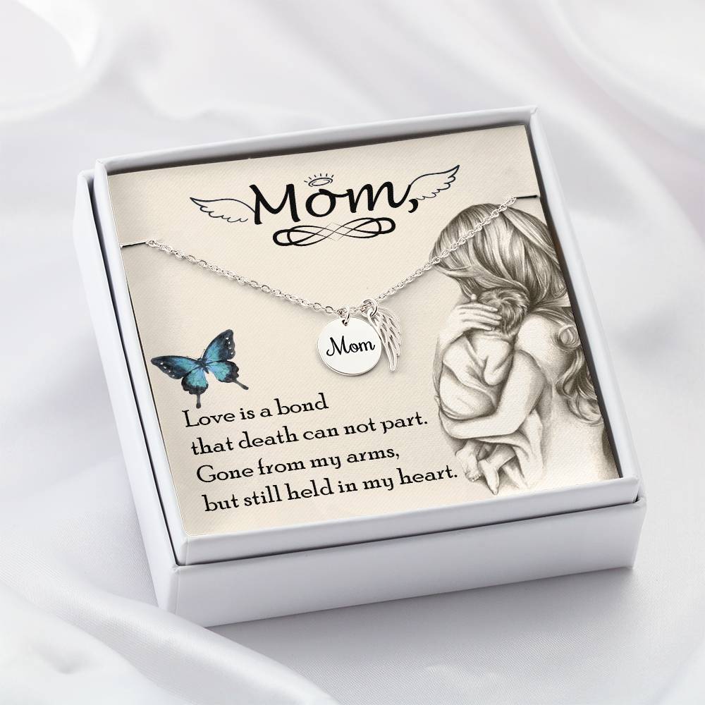 Memorial Necklace / Remembrance Necklace with Angel Wing - Mom, Love is Bond - Mother's Day Memorial Gift