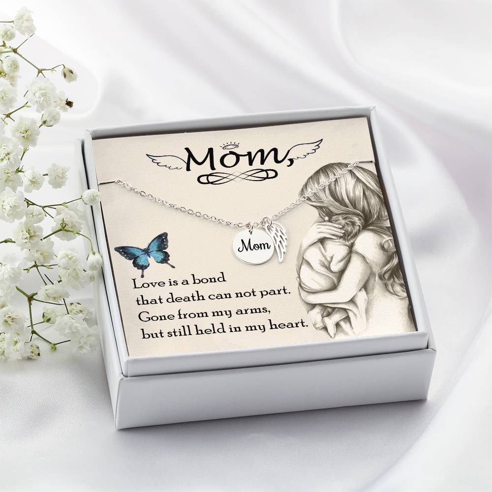 Memorial Necklace / Remembrance Necklace with Angel Wing - Mom, Love is Bond - Mother's Day Memorial Gift
