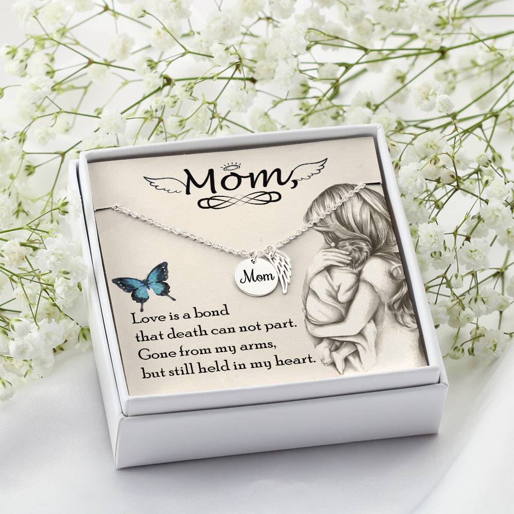Memorial Necklace / Remembrance Necklace with Angel Wing - Mom, Love is Bond - Mother's Day Memorial Gift