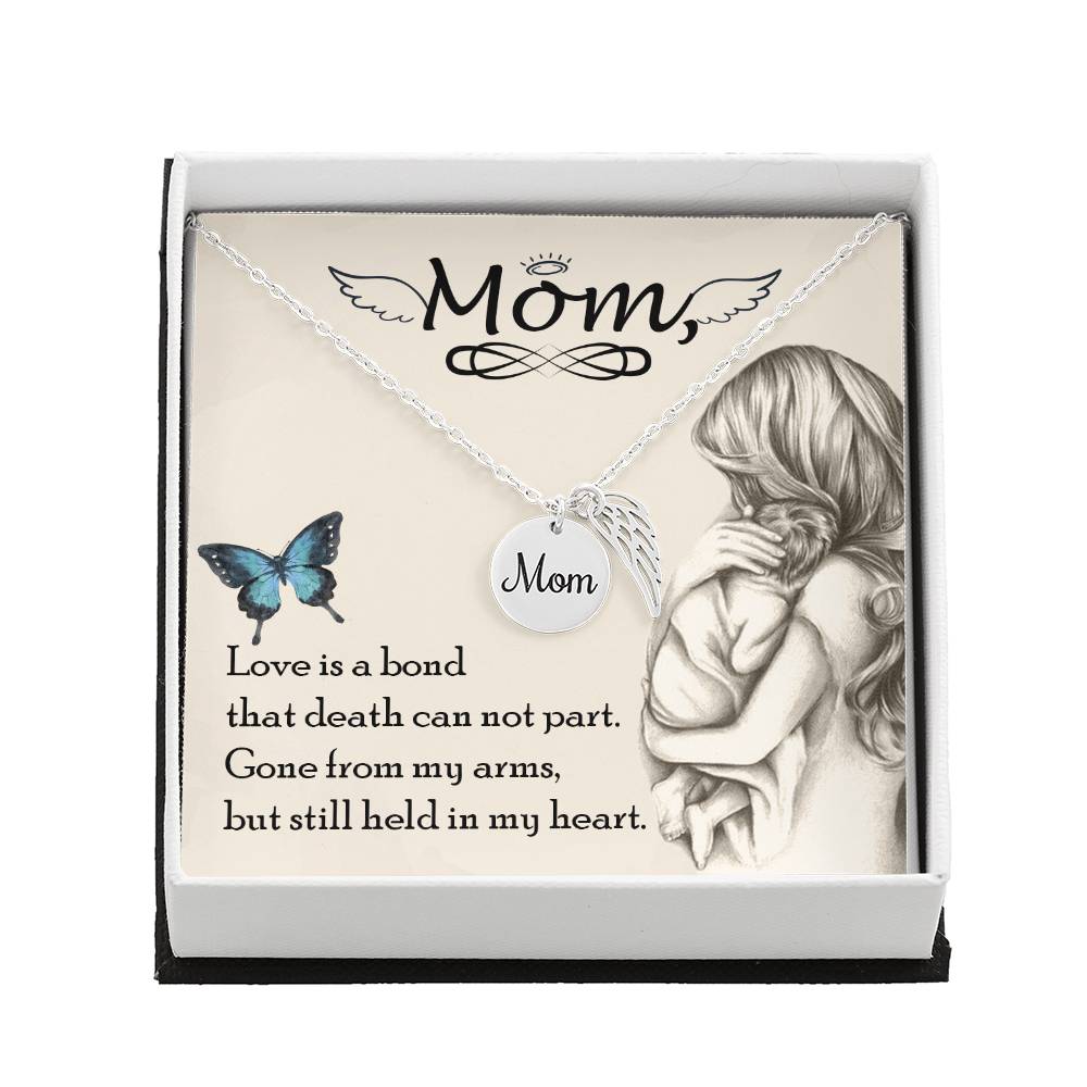 Memorial Necklace / Remembrance Necklace with Angel Wing - Mom, Love is Bond - Mother's Day Memorial Gift