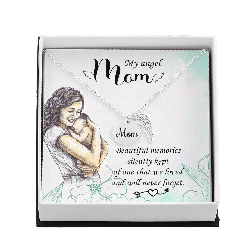Memorial Necklace / Remembrance Necklace with Angel Wing - Mom, Beautiful Memories - Mother's Day Memorial Gift