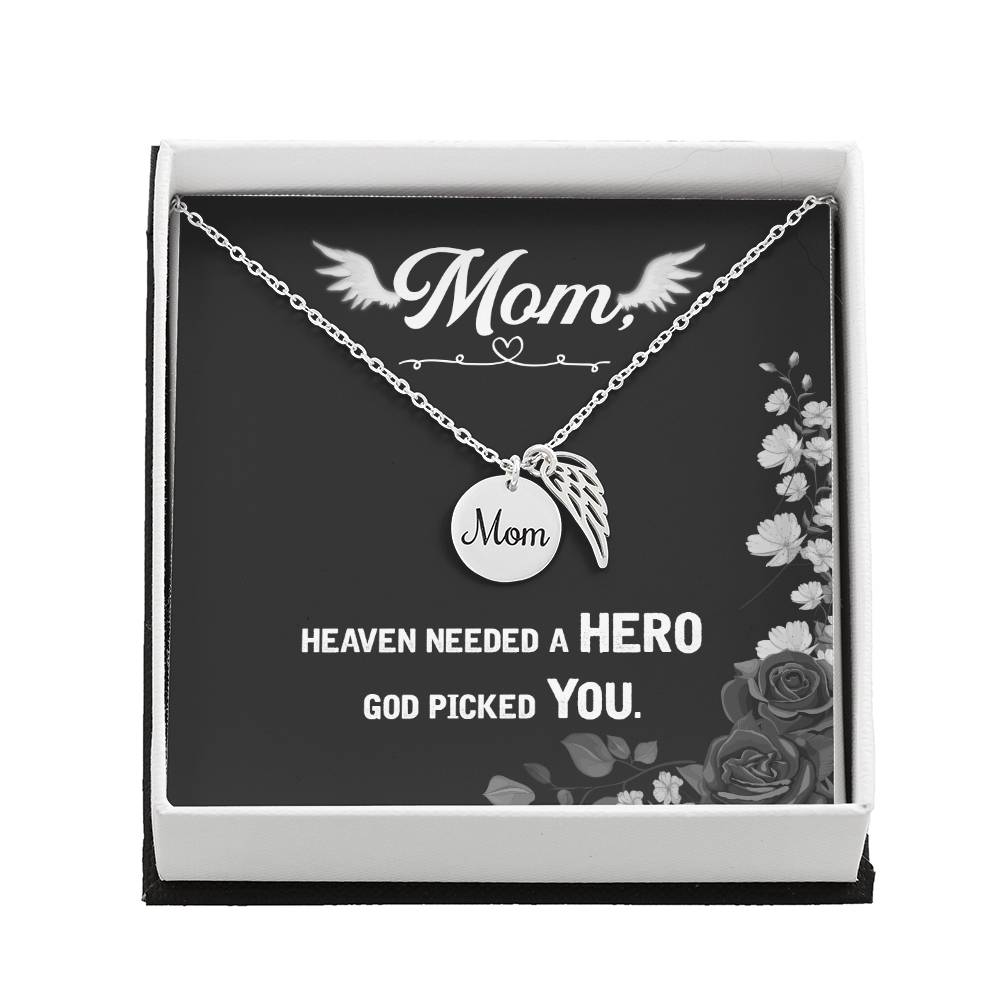 Memorial Necklace / Remembrance Necklace with Angel Wing - Mom, Heaven Needed a Hero - Mother's Day Memorial Gift