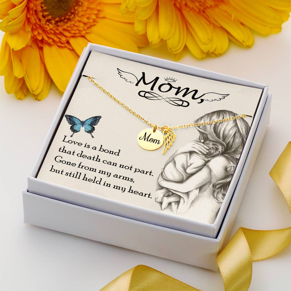 Memorial Necklace for the Loss of a Mother – "Mom" Angel Wing Remembrance Keepsake, Sympathy Gift for a Mom in Heaven with "Love Is a Bond" Card