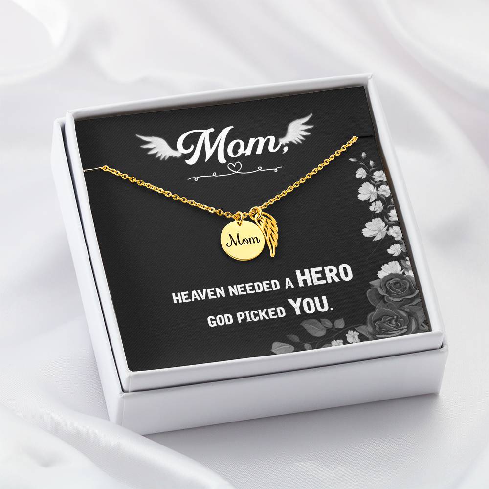 Memorial Necklace / Remembrance Necklace with Angel Wing - Mom, Heaven Needed a Hero - Mother's Day Memorial Gift