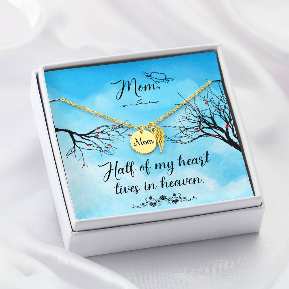 Memorial Necklace / Remembrance Necklace with Angel Wing - Mom, Half of My Heart - Mother's Day Memorial Gift