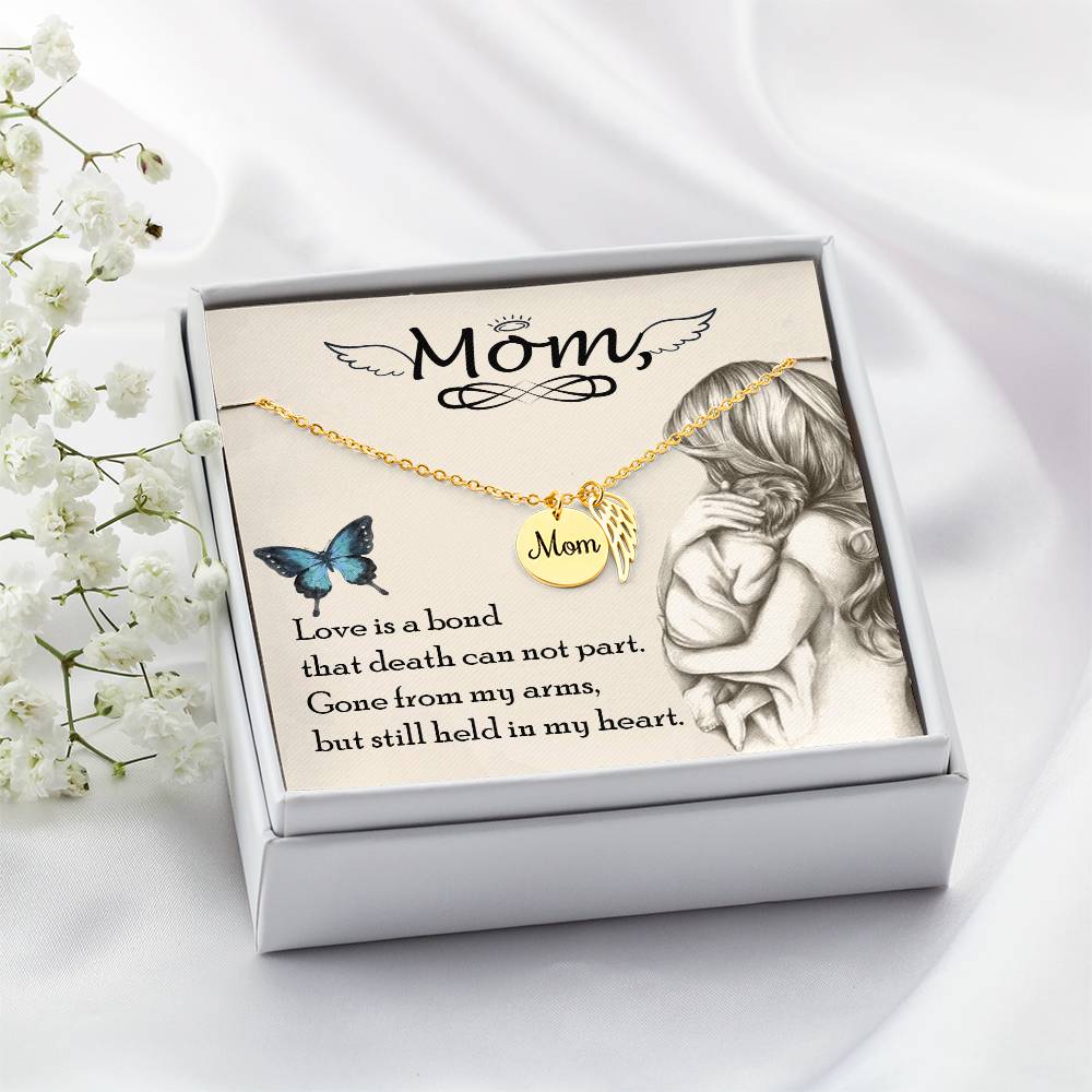 Memorial Necklace for the Loss of a Mother – "Mom" Angel Wing Remembrance Keepsake, Sympathy Gift for a Mom in Heaven with "Love Is a Bond" Card