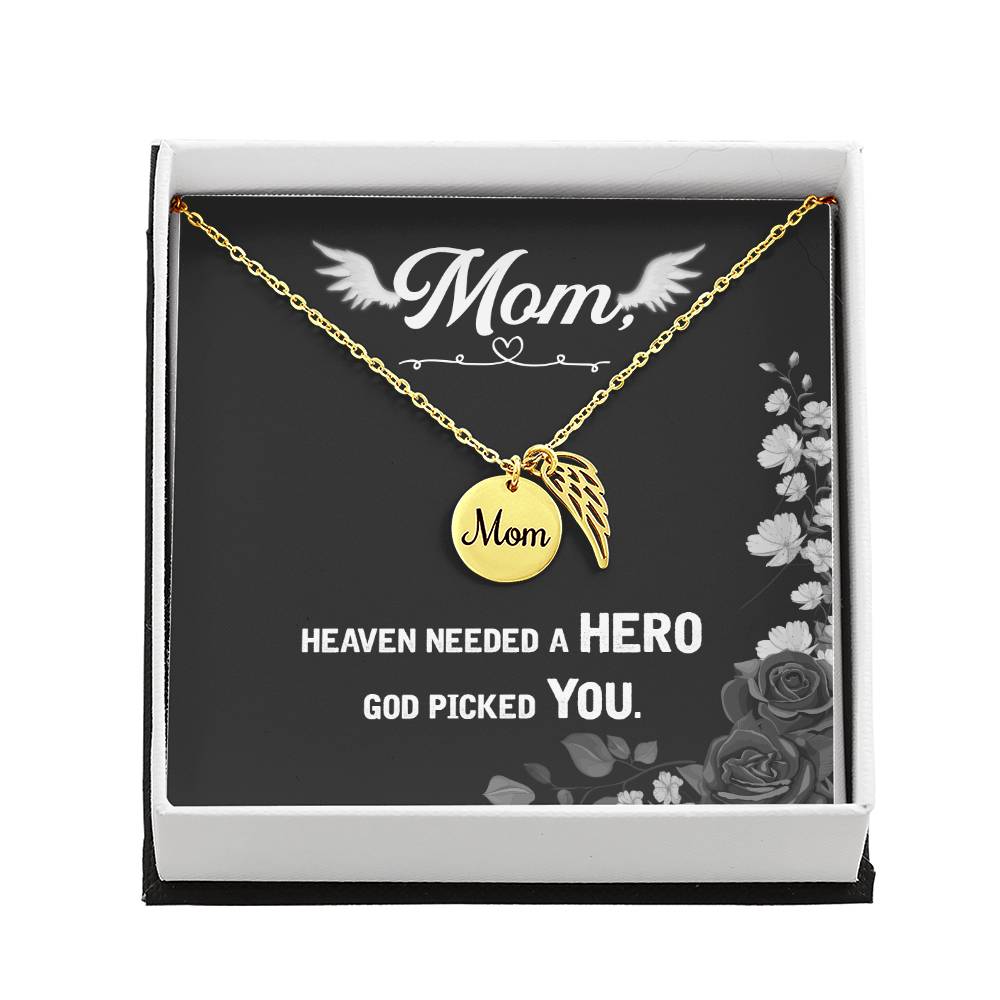 Memorial Necklace / Remembrance Necklace with Angel Wing - Mom, Heaven Needed a Hero - Mother's Day Memorial Gift