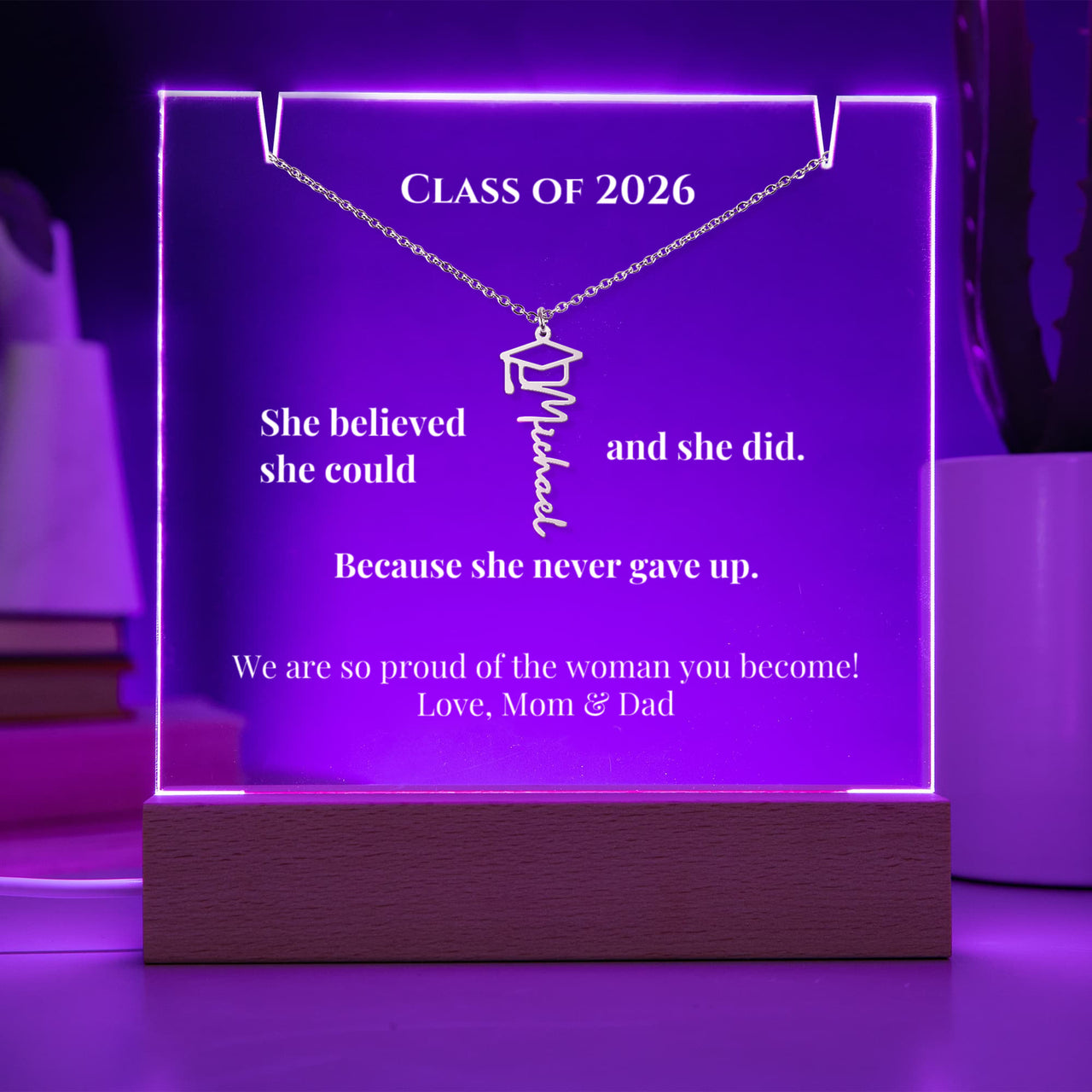 Keepsake Acrylic with Graduation Cap Name Necklace Bundle - Graduation she believe