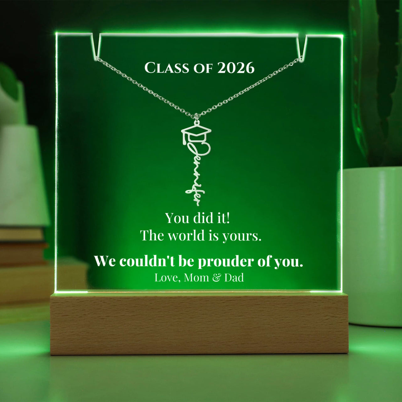 Keepsake Acrylic with Graduation Cap Name Necklace Bundle - THE WORLD IS YOURS