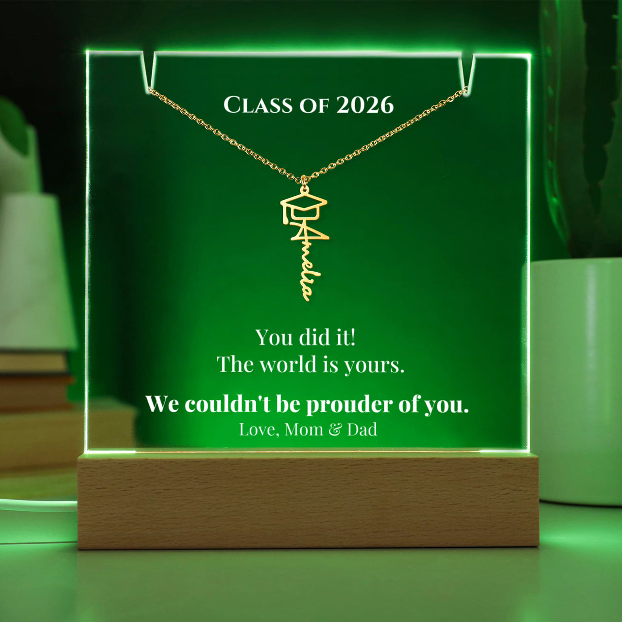 Keepsake Acrylic with Graduation Cap Name Necklace Bundle - THE WORLD IS YOURS