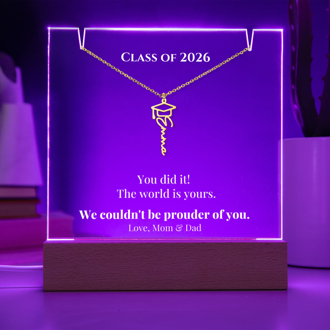 Keepsake Acrylic with Graduation Cap Name Necklace Bundle - THE WORLD IS YOURS