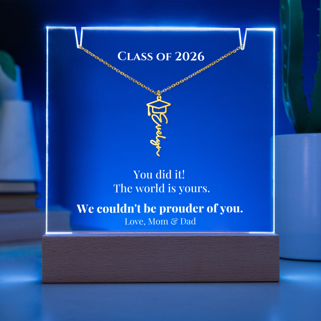 Keepsake Acrylic with Graduation Cap Name Necklace Bundle - THE WORLD IS YOURS