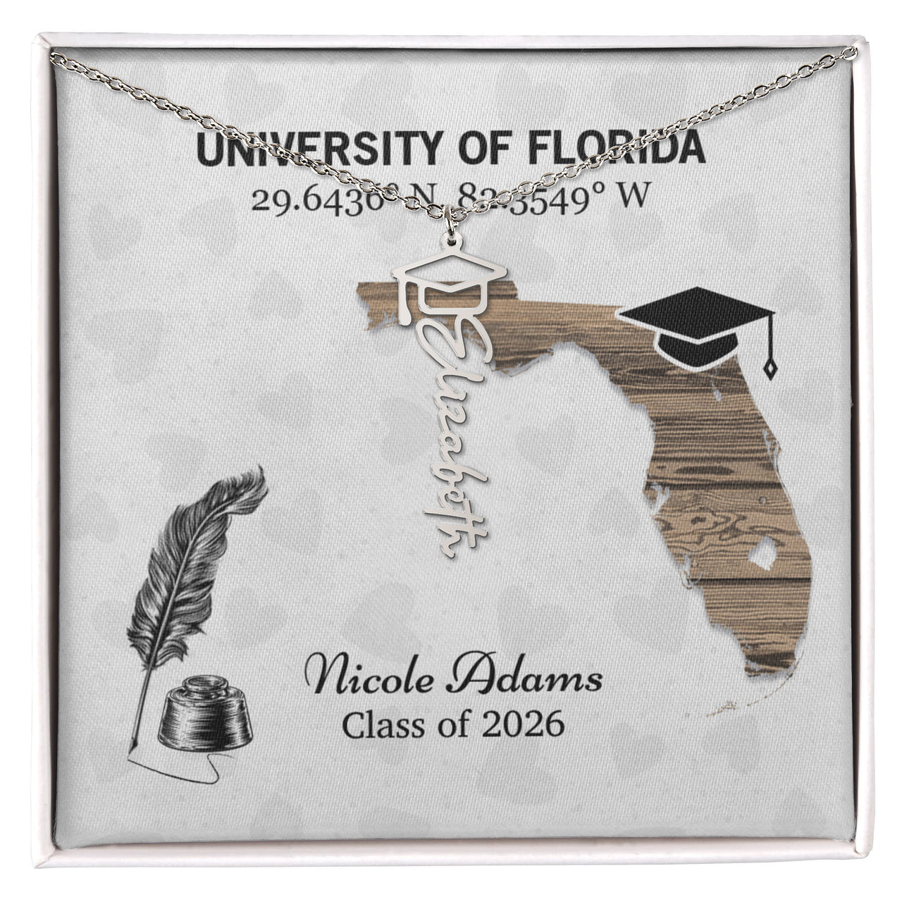 Personalized Graduation Cap Name Necklace - University Coordinates, Class 2026