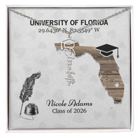 Personalized Graduation Cap Name Necklace - University Coordinates, Class 2026