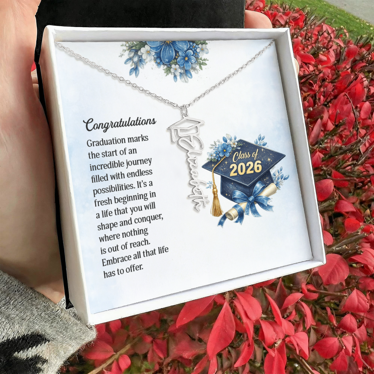 Graduation Cap Name Necklace - Congratulations, Graduation Marks