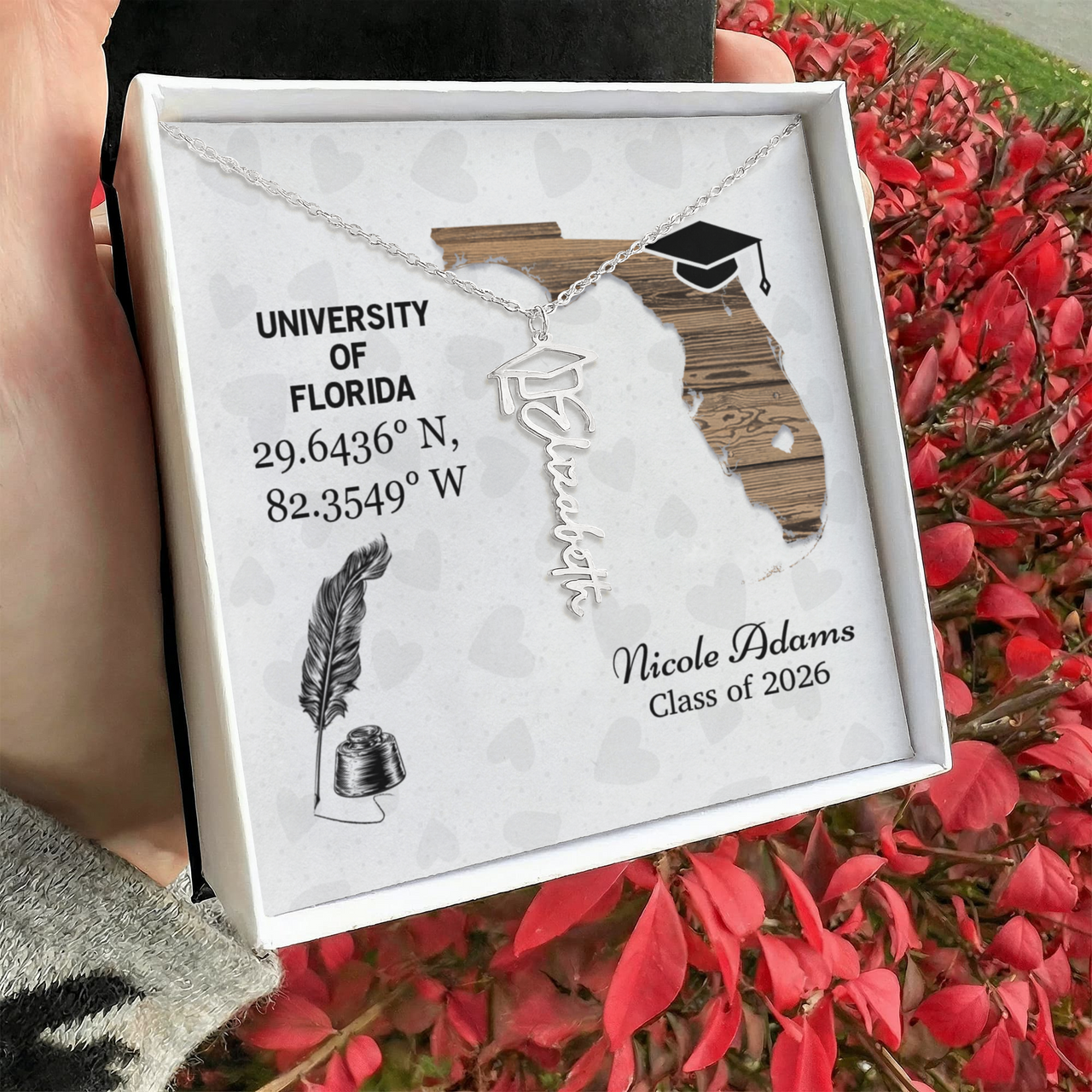 Personalized Graduation Cap Name Necklace - University Coordinates