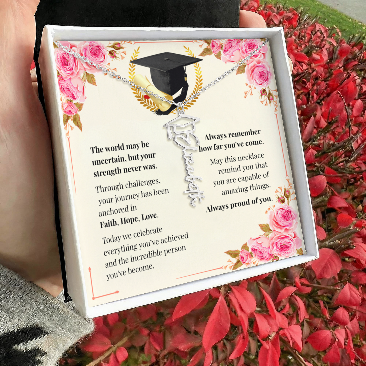 Graduation Cap Name Necklace - Faith. Hope. Love.