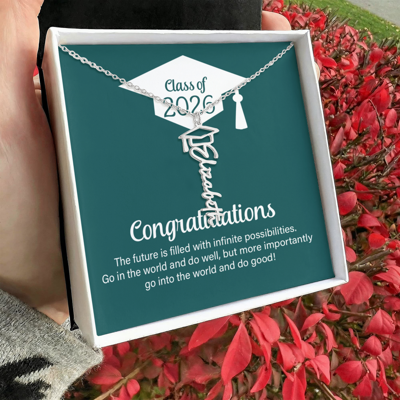 Graduation Cap Name Necklace - Go Into The World And Do Well