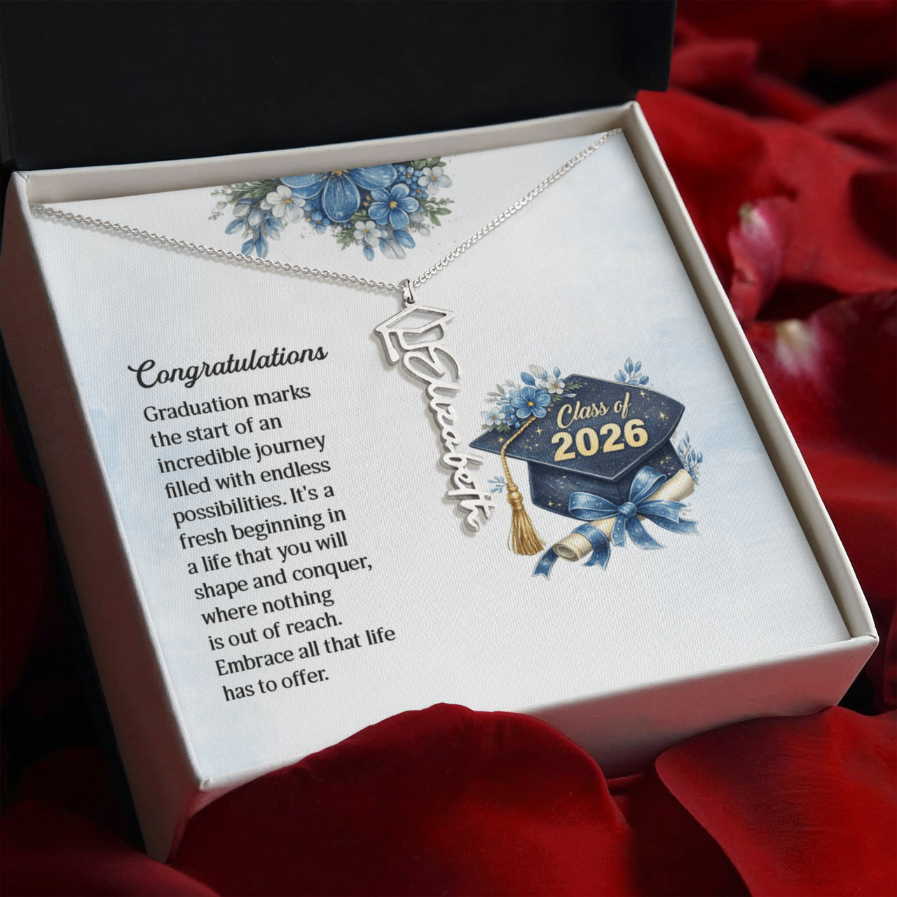 Graduation Cap Name Necklace - Congratulations, Graduation Marks