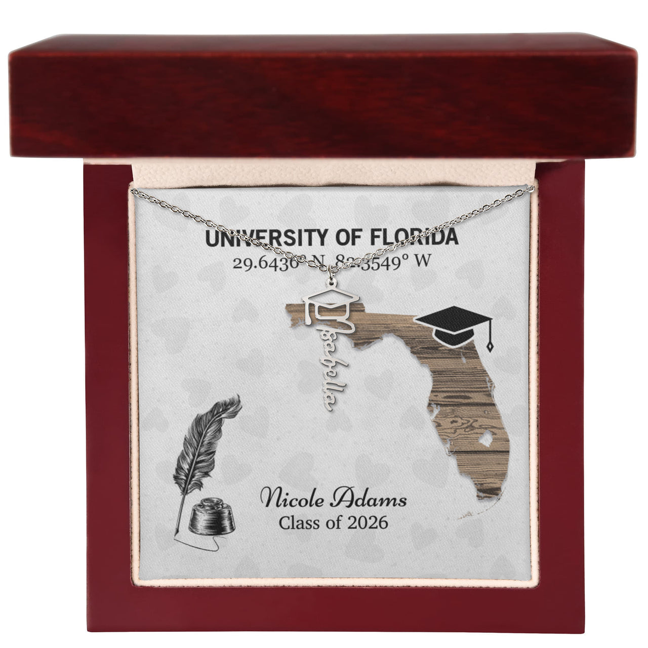 Personalized Graduation Cap Name Necklace - University Coordinates, Class 2026
