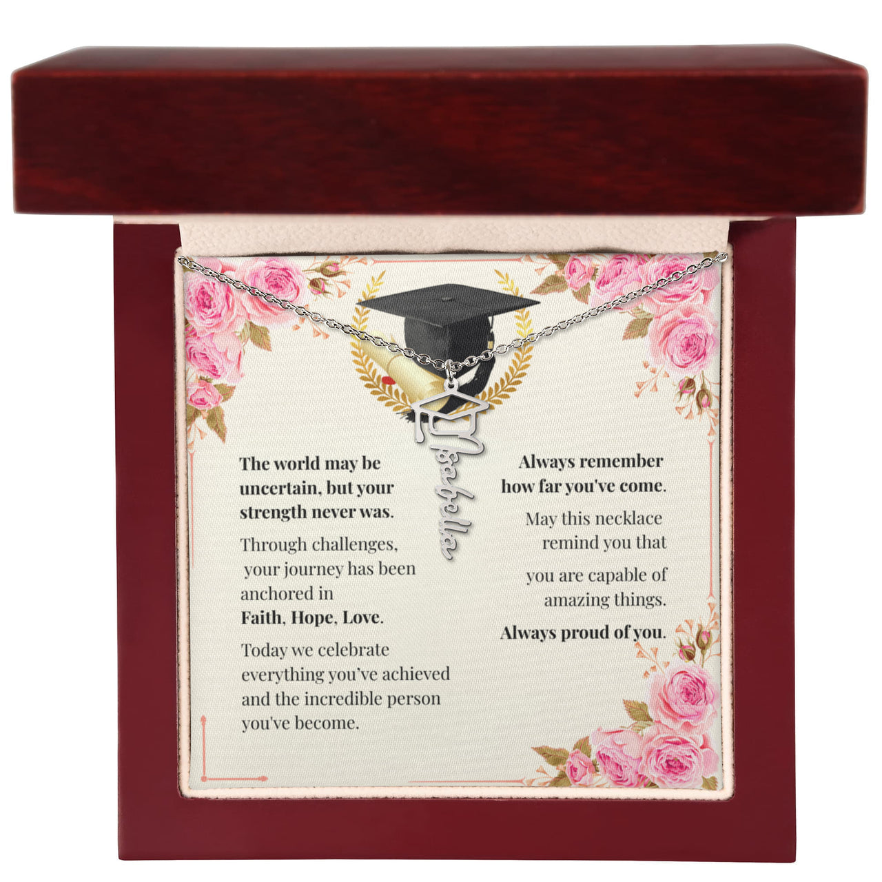 Graduation Cap Name Necklace - Faith. Hope. Love.
