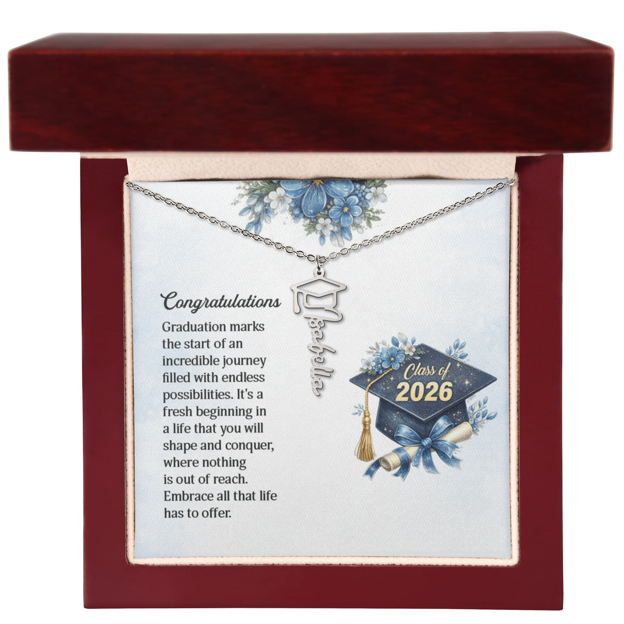 Graduation Cap Name Necklace - Congratulations, Graduation Marks