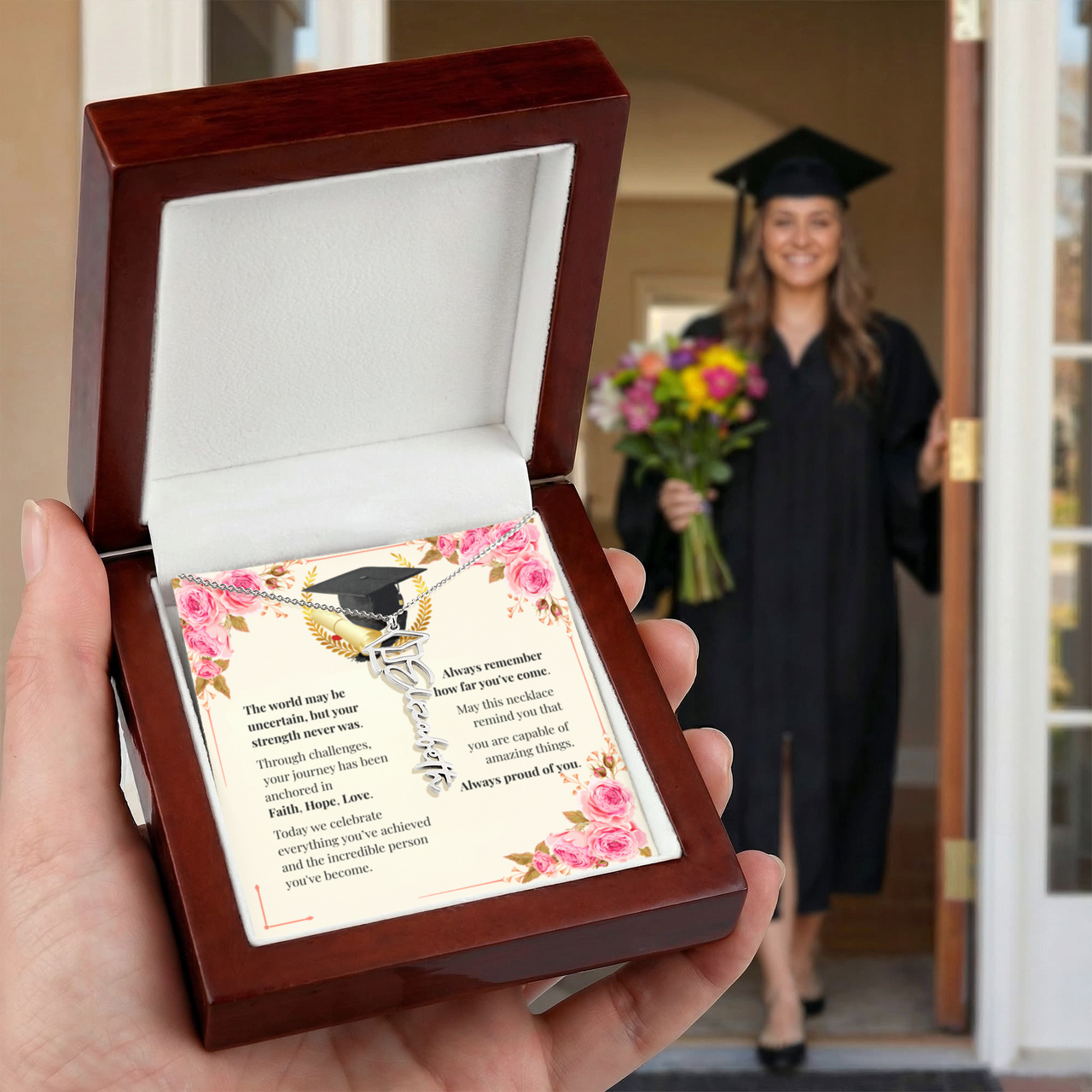 Graduation Cap Name Necklace - Faith. Hope. Love.