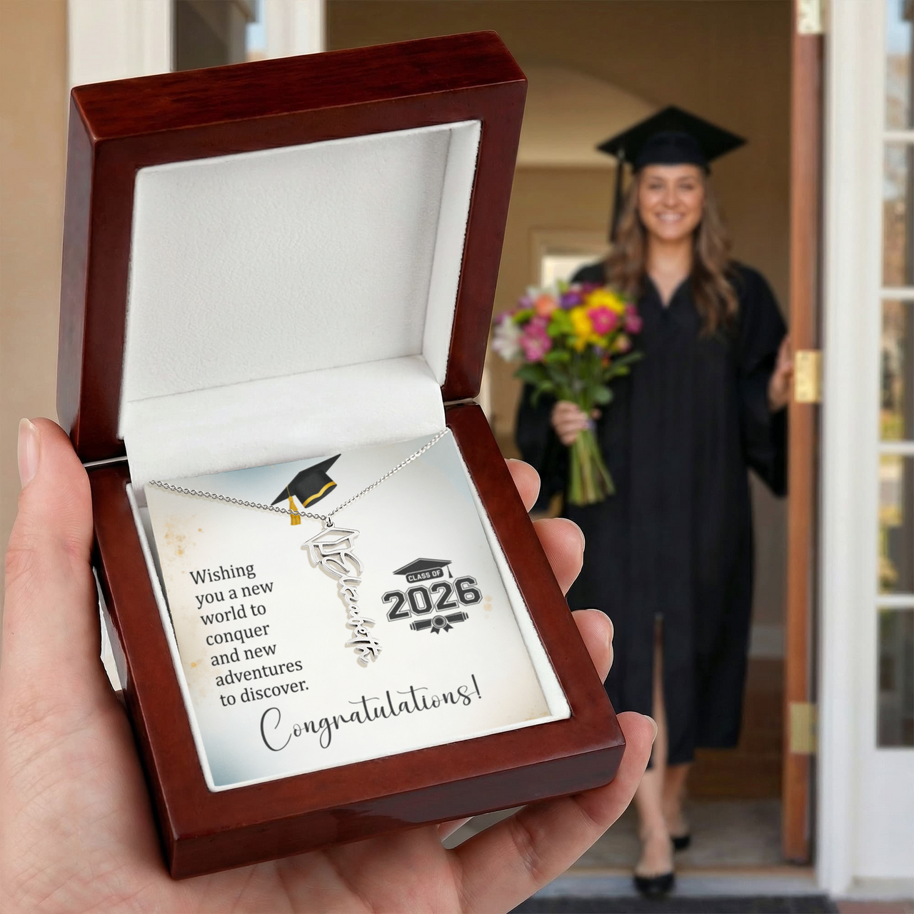 Graduation Cap Name Necklace - Wishing You a New World