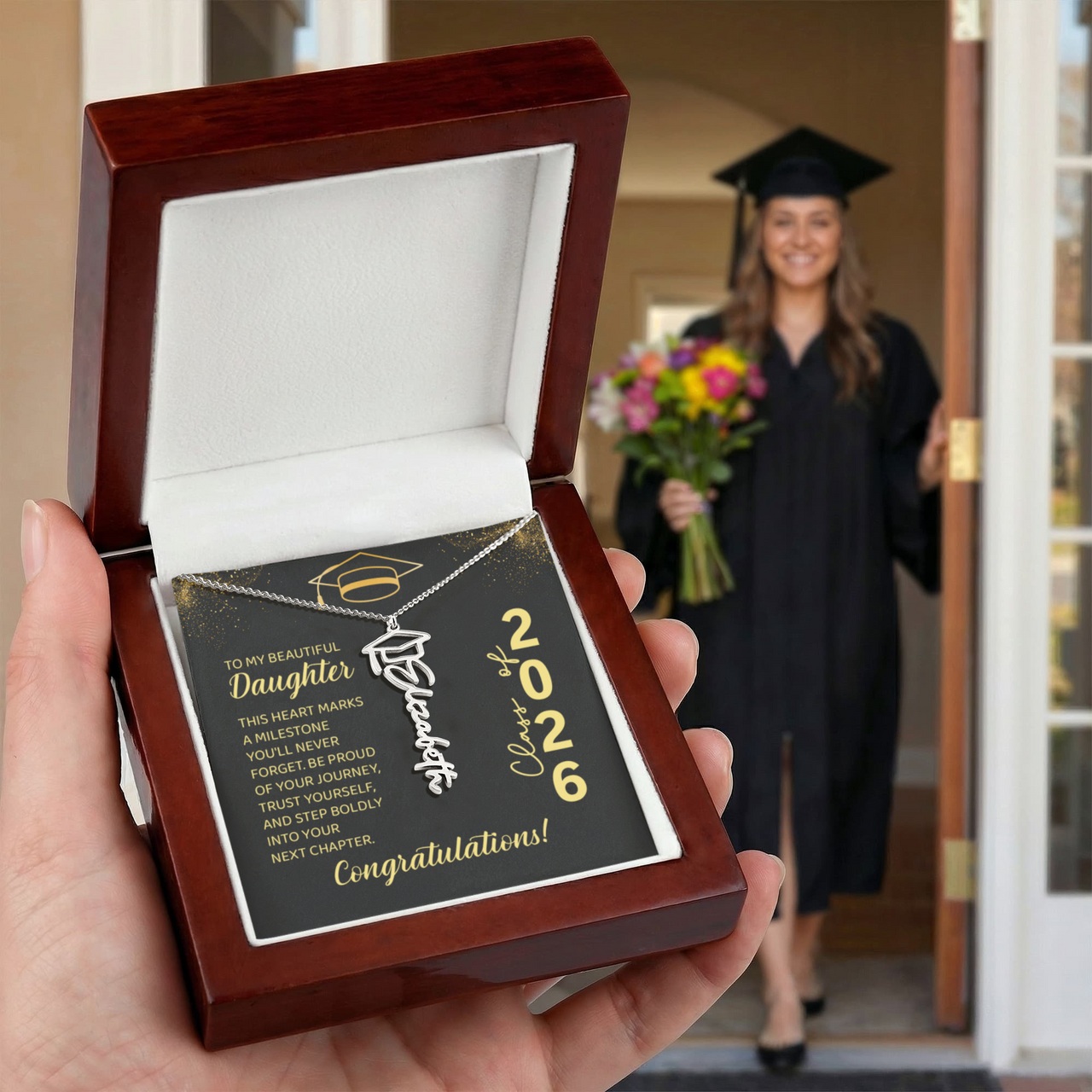 Graduation Cap Name Necklace - To My Beautiful Daughter, This Heart Marks
