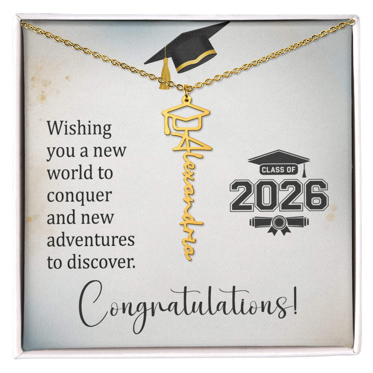 Graduation Cap Name Necklace - Wishing You a New World