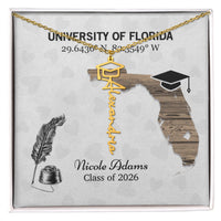 Personalized Graduation Cap Name Necklace - University Coordinates, Class 2026