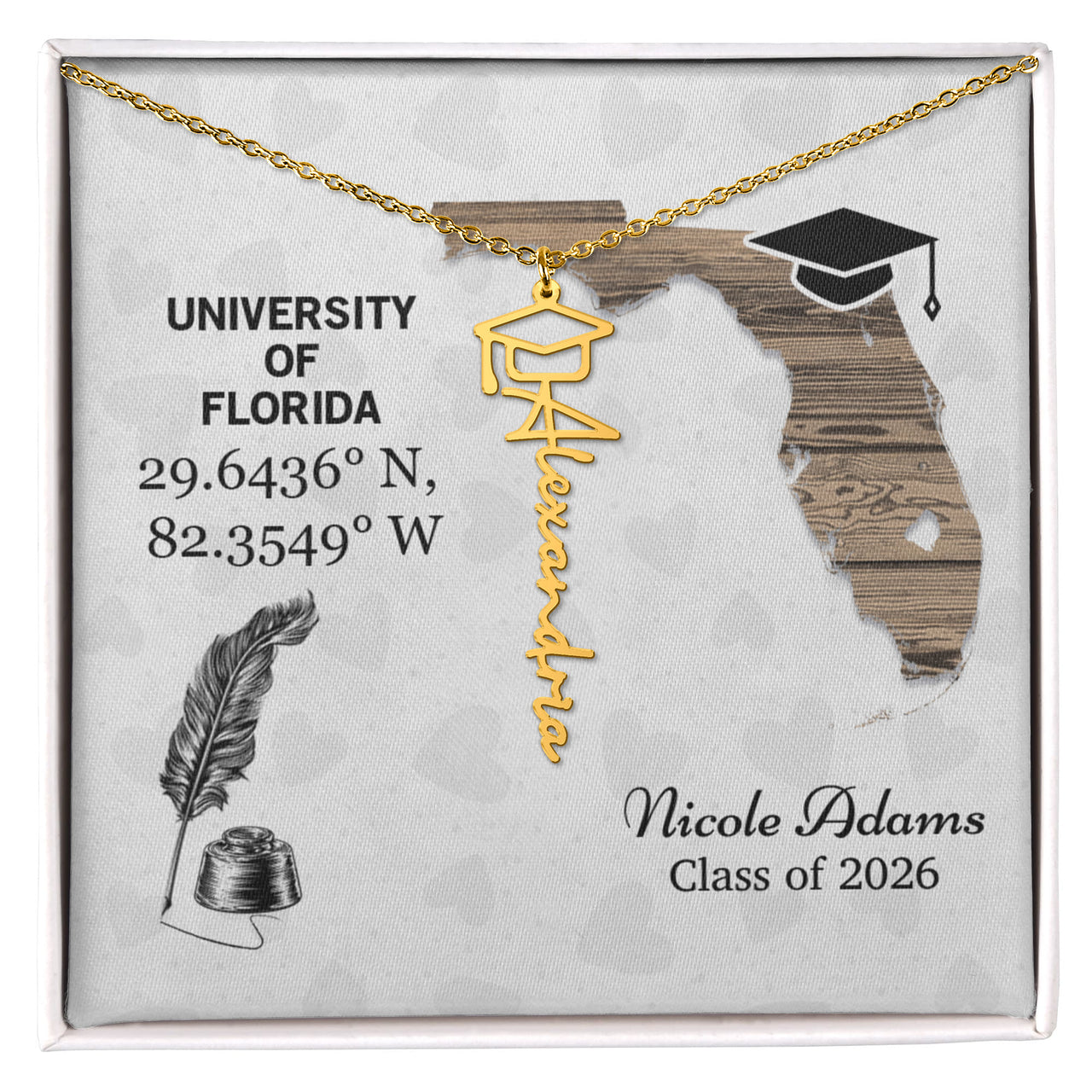 Personalized Graduation Cap Name Necklace - University Coordinates
