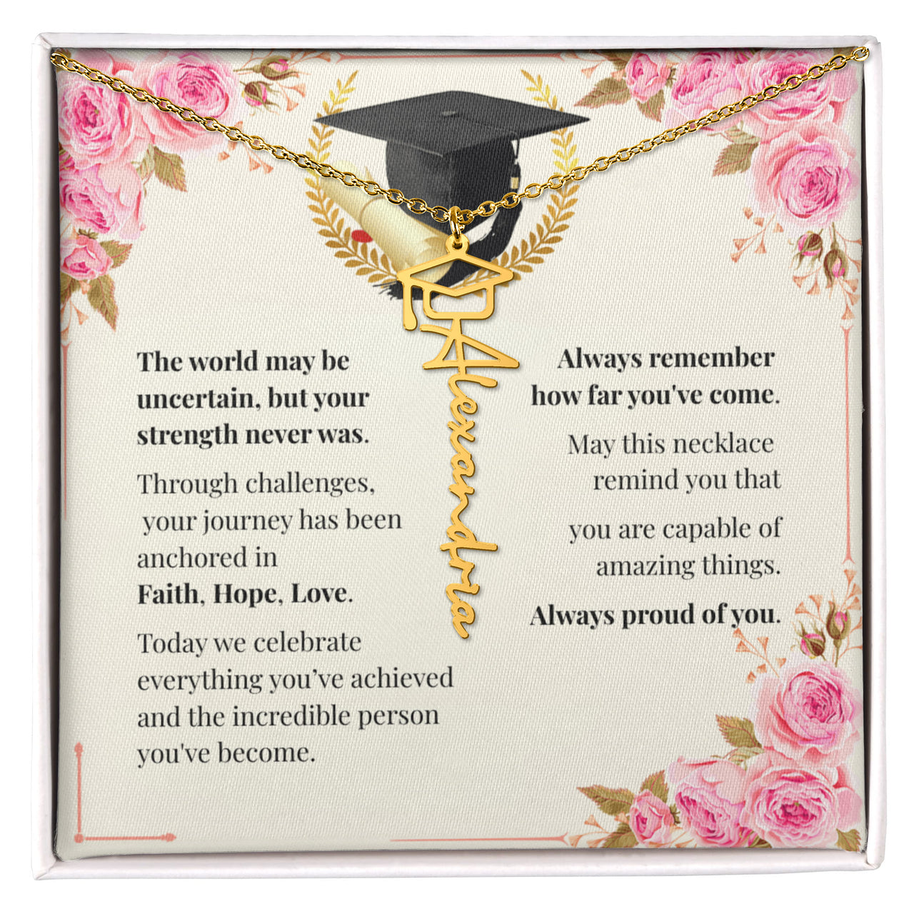 Graduation Cap Name Necklace - Faith. Hope. Love.