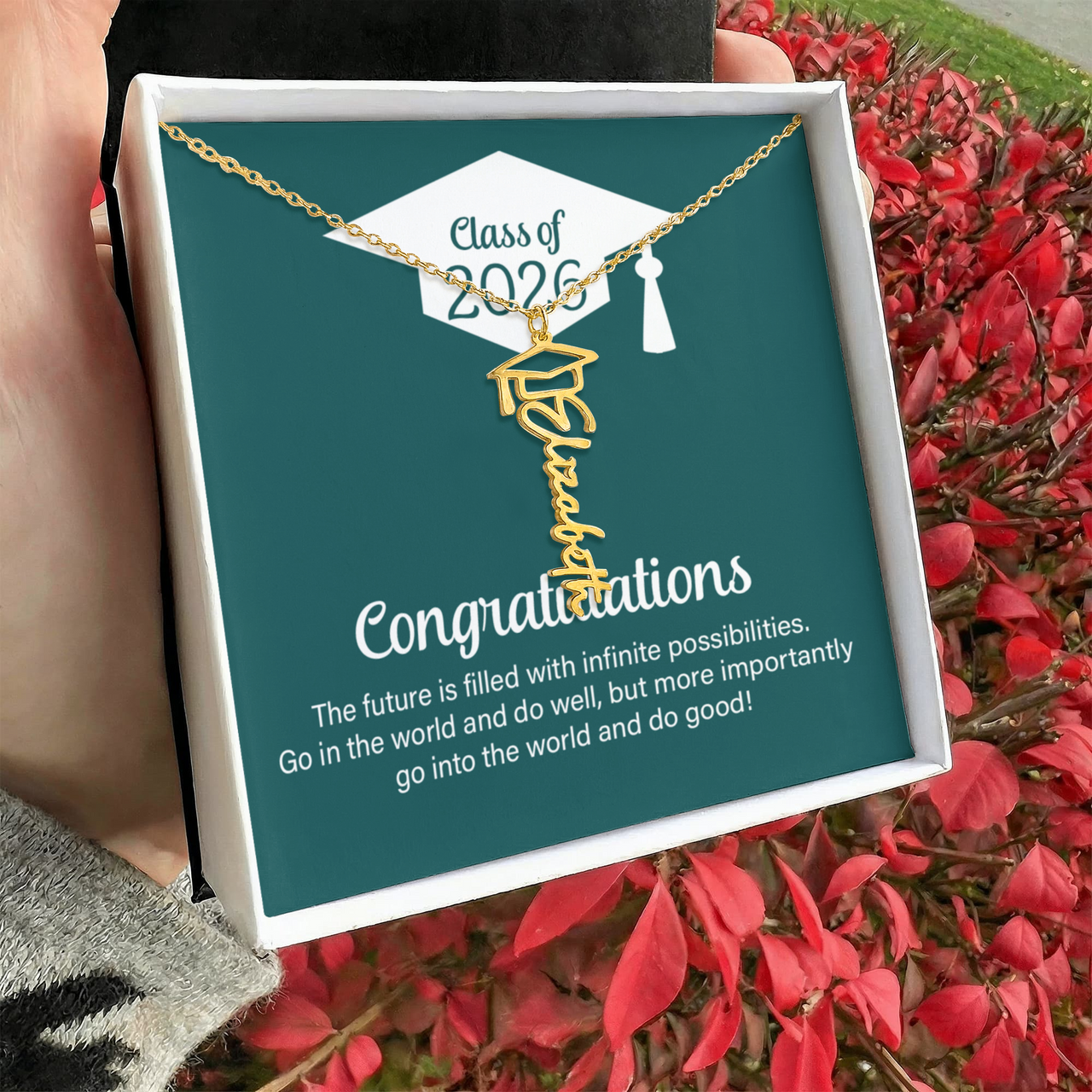 Graduation Cap Name Necklace - Go Into The World And Do Well