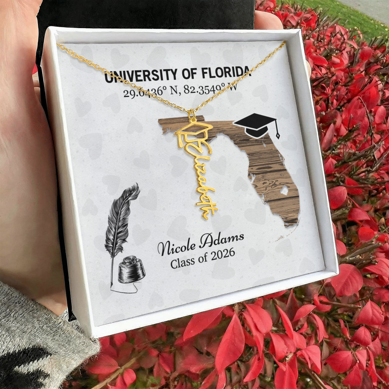 Personalized Graduation Cap Name Necklace - University Coordinates, Class 2026
