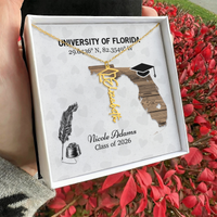 Personalized Graduation Cap Name Necklace - University Coordinates, Class 2026