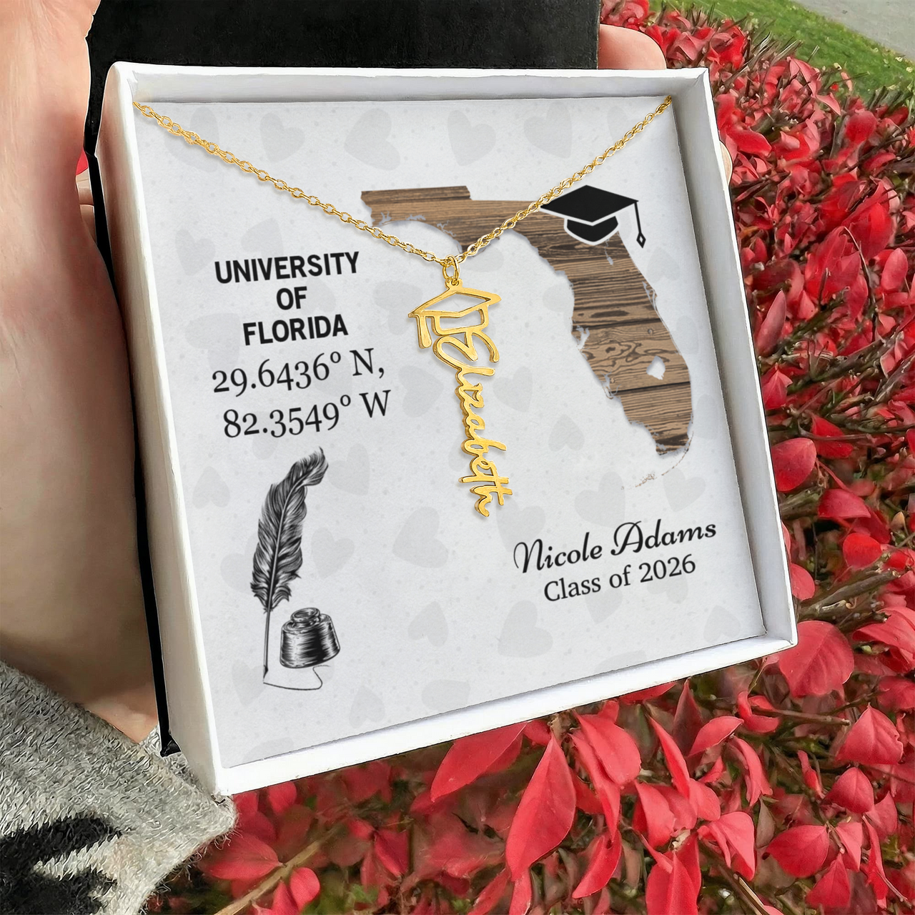 Personalized Graduation Cap Name Necklace - University Coordinates