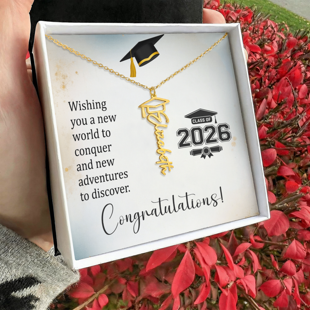 Graduation Cap Name Necklace - Wishing You a New World