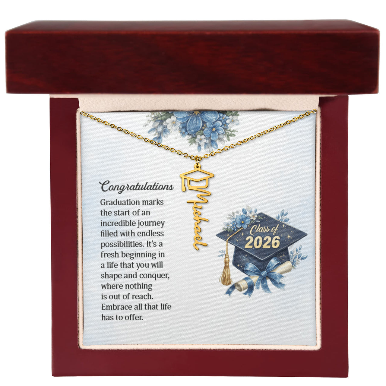 Graduation Cap Name Necklace - Congratulations, Graduation Marks