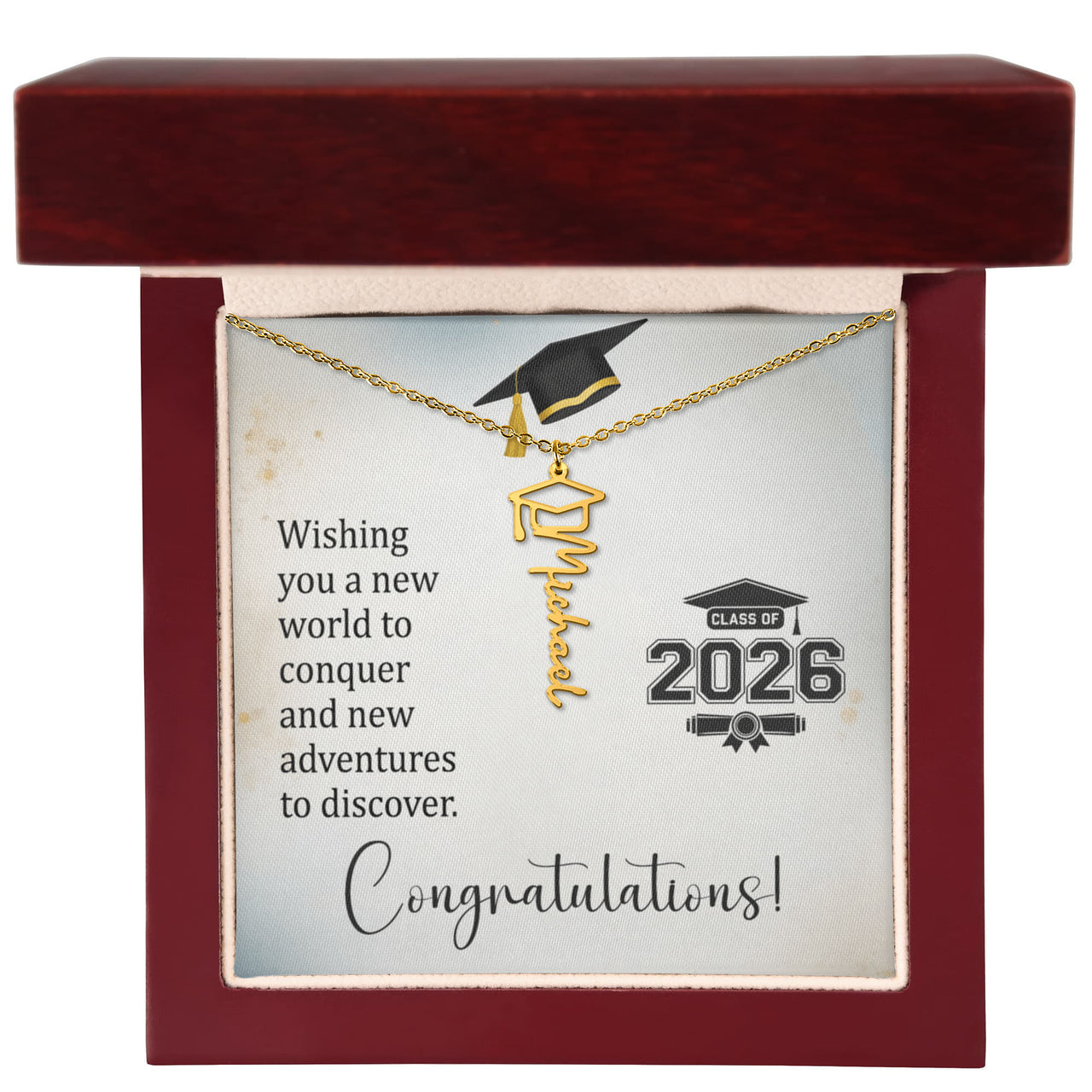 Graduation Cap Name Necklace - Wishing You a New World