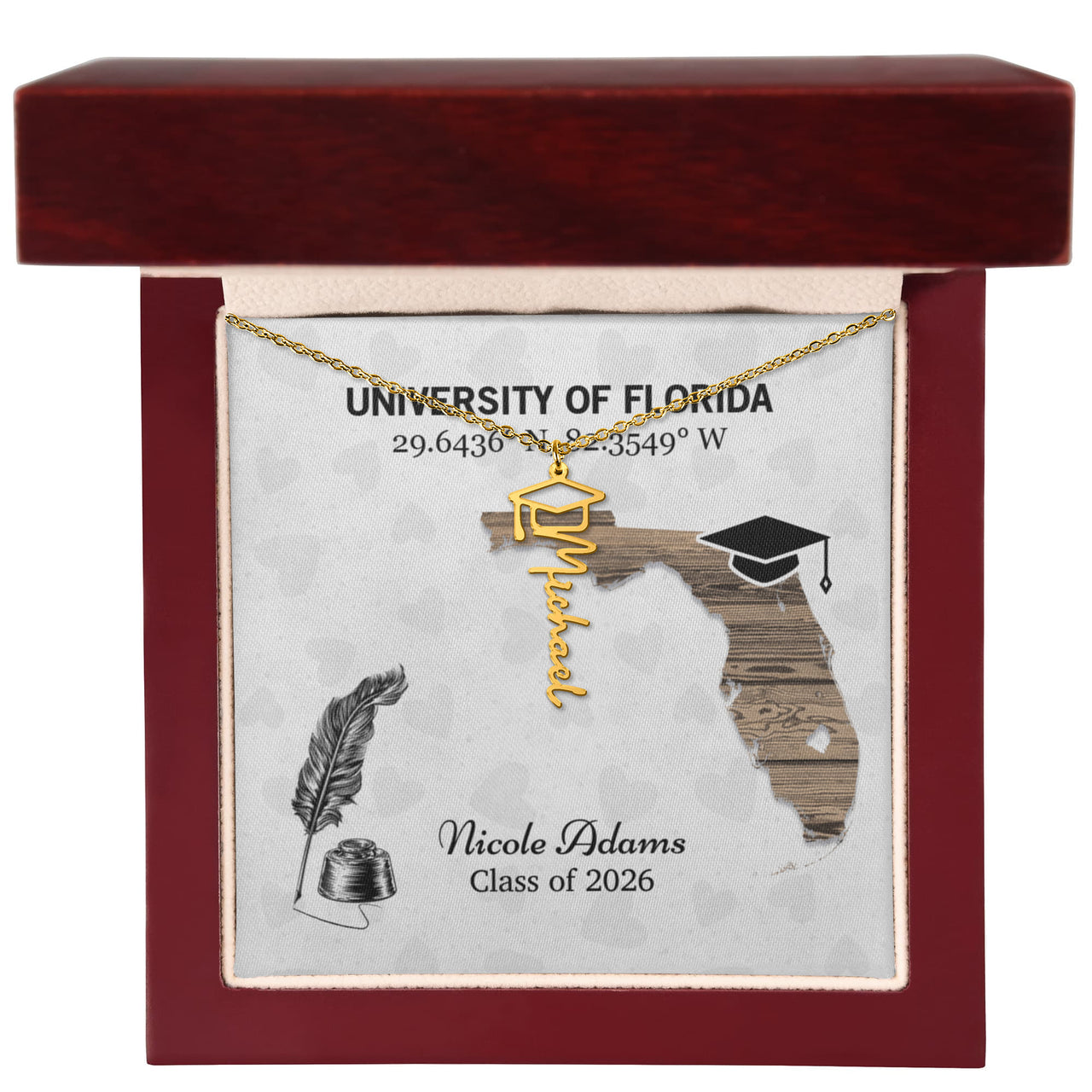 Personalized Graduation Cap Name Necklace - University Coordinates, Class 2026