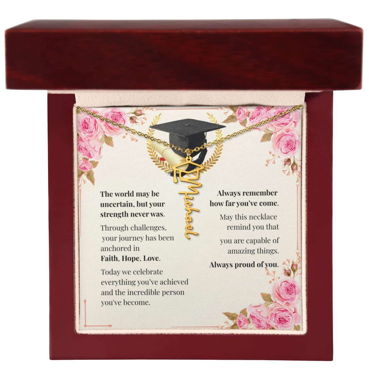 Graduation Cap Name Necklace - Faith. Hope. Love.