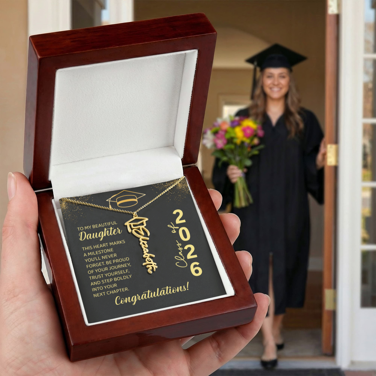 Graduation Cap Name Necklace - To My Beautiful Daughter, This Heart Marks