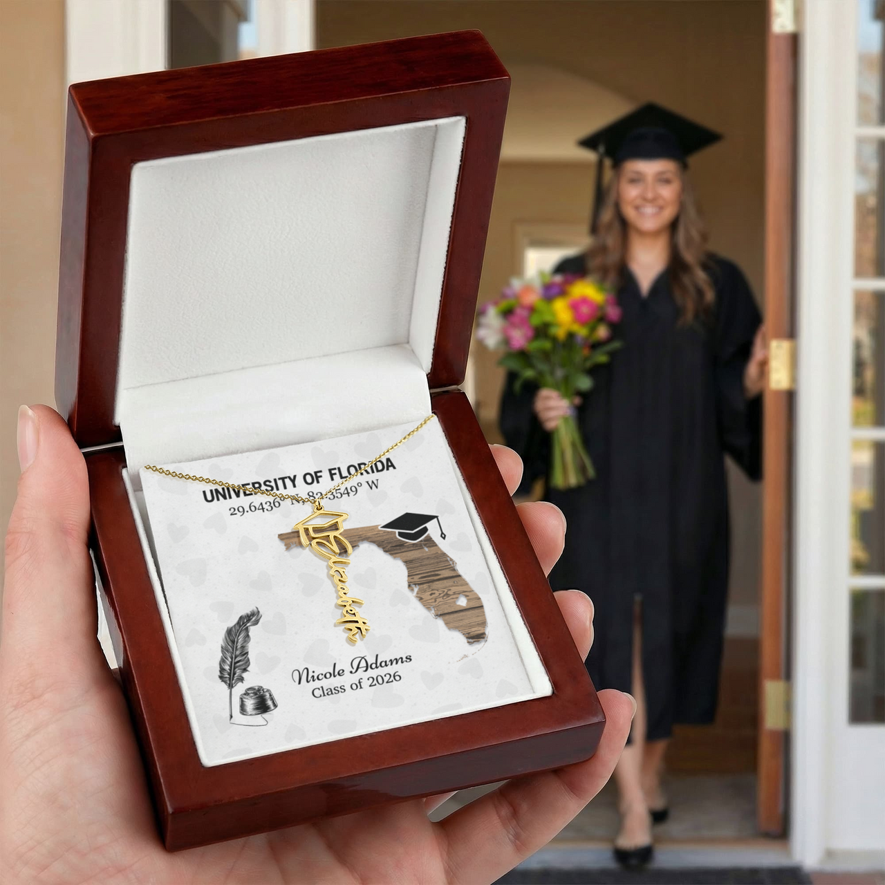 Personalized Graduation Cap Name Necklace - University Coordinates, Class 2026